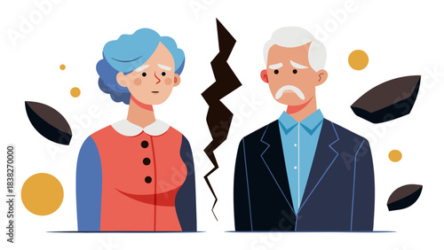 cartoon elderly couple with cracked relationship