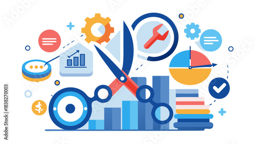 Business optimization and analysis concept with scissors cutting through graphs and charts