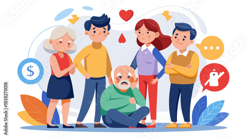 Diverse family discussing financial savings with emotional stress and relief illustrated concepts