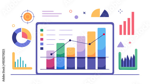 Business data analytics dashboard on tablet with colorful charts and growth indicators for financial reporting