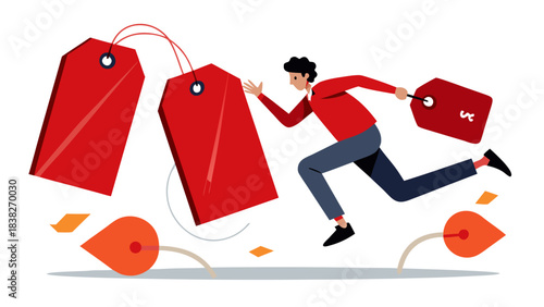 Businessman rushing with heavy shopping bags in retail sale frenzy flat vector illustration