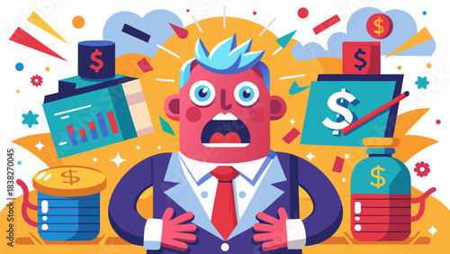 Shocked businessman overwhelmed by financial stress and money problems in vibrant office setting