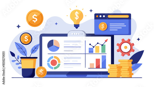 Financial analysis on a laptop with graphs and money symbols