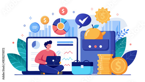 Young entrepreneur analyzing financial charts and cryptocurrency trends on laptop in modern workspace with business icons