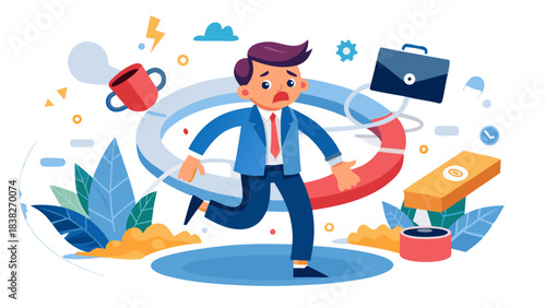 Businessman juggling multiple tasks with office and productivity icons in flat design illustration