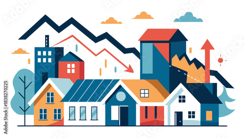 Illustration of urban housing market trends with rising and falling property values and solar energy integration