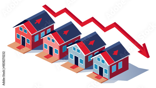 Houses with declining value and falling red arrow