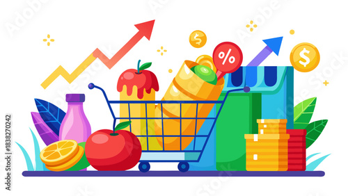 flat design grocery shopping cart with fresh produce and financial growth icons for business success