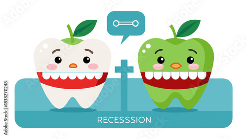 Cartoon tooth and apple discussing recession with dental health concept