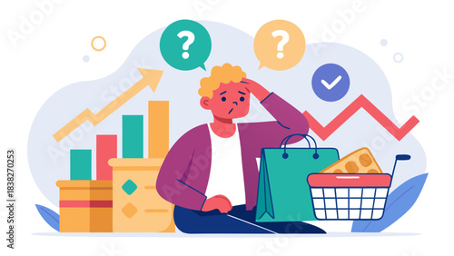 Confused businessman analyzing financial charts and shopping decisions in modern office