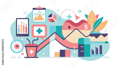 Flat lay business growth concept with financial charts, money, medical cross, and digital devices on teal background