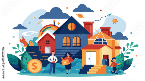 Family discussing home investment with real estate agent in colorful flat design illustration