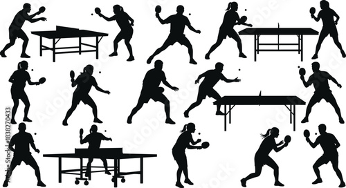Silhouettes of table tennis players in action poses, ping pong match illustration collection set for sports design, athletic gameplay, competitive movement concepts