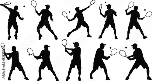 Silhouettes of tennis players in dynamic action poses, racket sport illustration collection set for athletic movement, competitive match, training concepts
