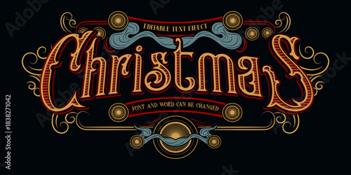 Vintage Christmas Text Effect, Editable Ornamental Holiday Typography
