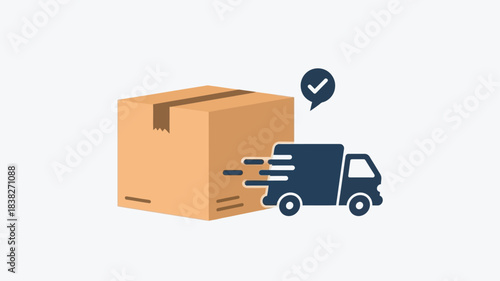 Delivery truck with package illustration in a flat graphic silhouette