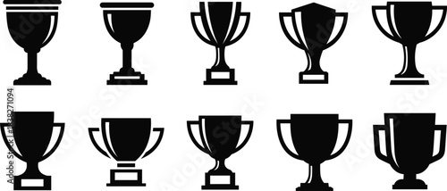 Silhouettes of trophy cups and award designs, prize illustration collection set for victory celebration, sports achievement symbols, competition recognition concepts