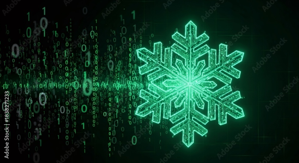 Fototapeta premium Digital snowflake with binary code background for seasonal technology, winter, New Year, Christmas, futuristic holiday and cybersecurity concepts.