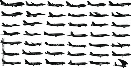Silhouettes of various airplanes and jet aircraft, aviation vehicle illustration collection set for travel design, flight concepts, airport transportation graphics