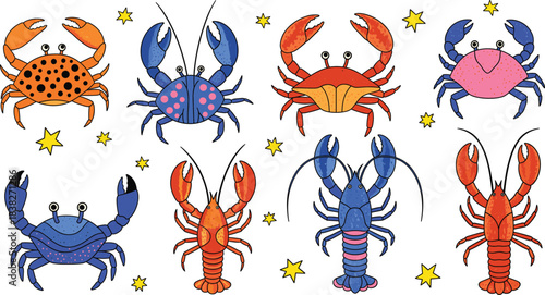 Colorful Sea Creatures Vector Set Featuring Cartoon Crabs and Lobsters Isolated on White Background for Kids' Design, Ocean Wildlife, and Summer Themes.
