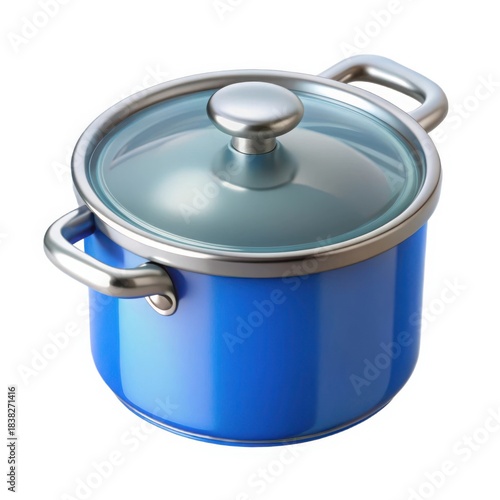 3d illustration of a blue cooking pot with a glass lid and handles, isolated on white background