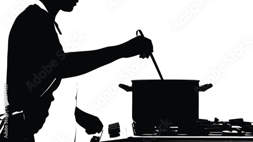 Silhouette of a man stirring a large pot on a stove