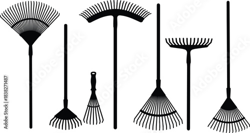 Silhouettes of various garden rakes, yard work tools collection illustration set for landscaping, outdoor cleaning, farming equipment and gardening design concepts