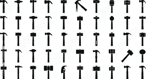 Silhouettes of various hammer tools, construction and carpentry equipment collection, black icon set for hardware, repair, building, industrial design concepts