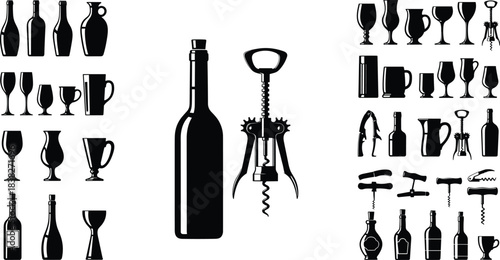 Silhouettes of wine bottles, glasses, mugs, corkscrews and bar tools, drinkware illustration collection set for beverage design, winery, restaurant concepts