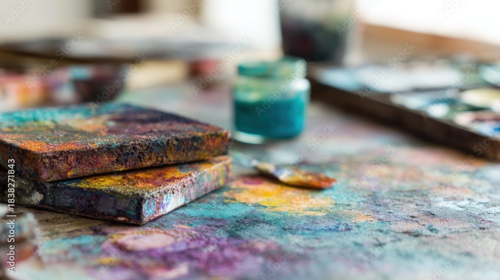 Obraz premium Colorful paint and tools spread on a table for art creation in a studio