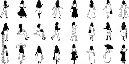 Silhouettes of women walking, standing, posing with handbags and umbrellas, elegant female figure illustration collection set for fashion design, lifestyle concepts
