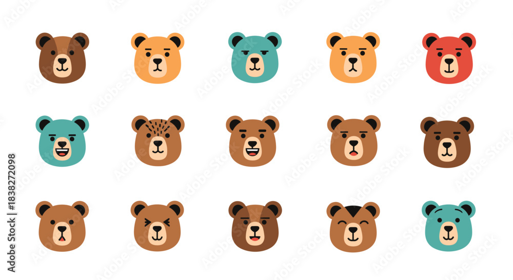 Fototapeta premium A collection of cute cartoon bear faces in a grid, showing various emotions and expressions with different colors and minimal flat design style.