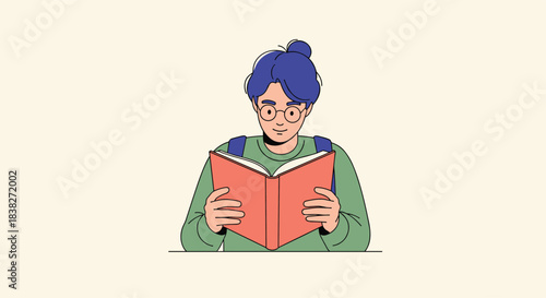 Young student with glasses and blue hair diligently reading a book at a desk, focused on learning.