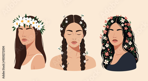 Stylized portraits of three beautiful women with various floral arrangements in their hair, celebrating natural beauty and feminine grace.