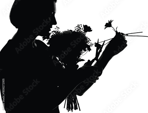 Silhouette of a florist trimming flower stems