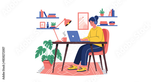 A young woman works from home at her desk, wearing headphones, using a laptop, surrounded by a cozy and organized workspace.