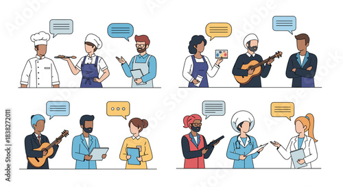 Diverse professionals from various industries are shown engaging in communication and collaboration, representing a wide range of job roles.
