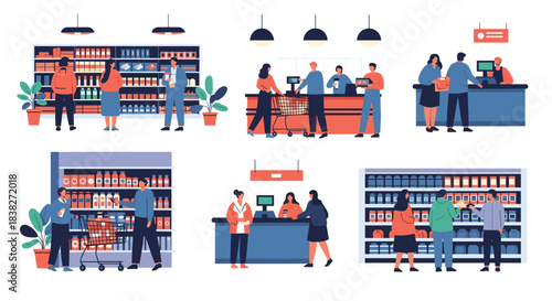Daily life scenes of people shopping for groceries and making purchases at various counters in a modern supermarket environment.