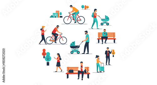 Diverse people engaging in various daily activities in an urban park setting, featuring city life, technology use, and outdoor leisure.