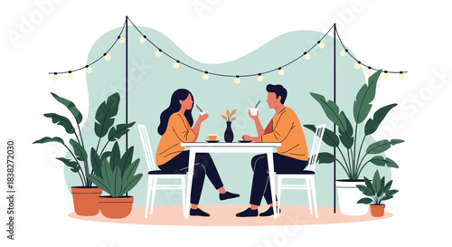 A couple enjoys a pleasant outdoor date at a cafe or restaurant, surrounded by lush green plants and decorative string lights.
