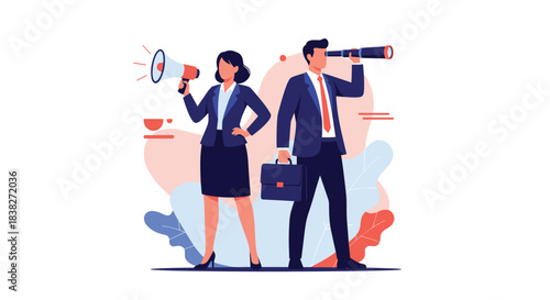 Business leadership in action: a woman with a megaphone for communication and a man with a telescope for strategic future vision and planning.