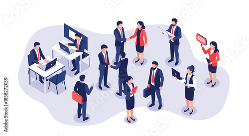 Isometric illustration of business people collaborating, working on laptops, shaking hands, and presenting in a modern office environment.