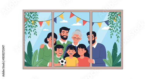 A smiling multi-generational family of grandparents, parents, and children looks happily out a window at a festive outdoor scene.