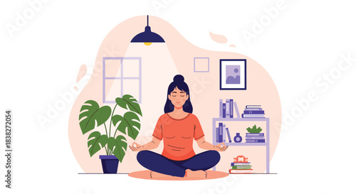 A young woman meditates peacefully in a cozy room, surrounded by a houseplant, books, and soft lighting, promoting mindfulness and well-being.