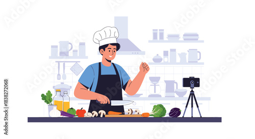 A smiling male chef in a kitchen prepares fresh vegetables on a cutting board, recording a cooking tutorial with a smartphone for his online culinary vlog.