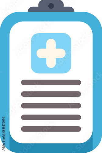 This flat vector illustration shows a blue clipboard holding a medical report, representing healthcare and medical records