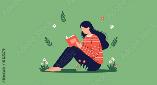 A calm woman relaxes outdoors, sitting on green grass and reading a book, surrounded by delicate flowers and leaves.