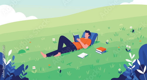 An illustration of a young man enjoying a peaceful day outdoors, leisurely reading a book while lying on a vibrant green grassy hill.