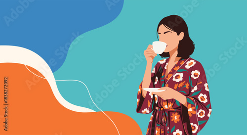 An illustration of a relaxed woman in a vibrant floral robe sipping from a cup, holding a saucer, against a colorful abstract background.