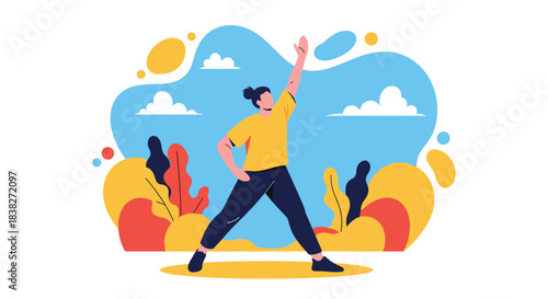 A person stretching or exercising outdoors in a park or natural setting, promoting health, wellness, and an active lifestyle.